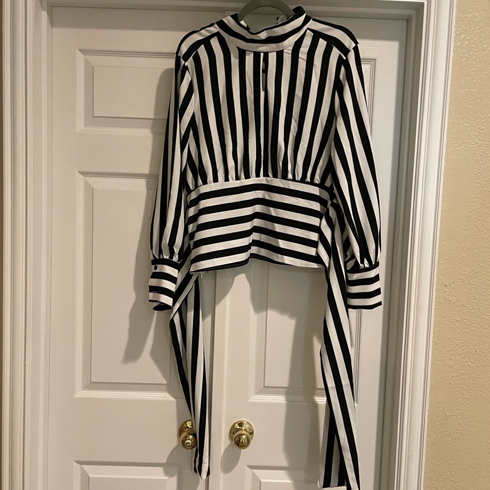 Black and White Striped Blouse with sash tie